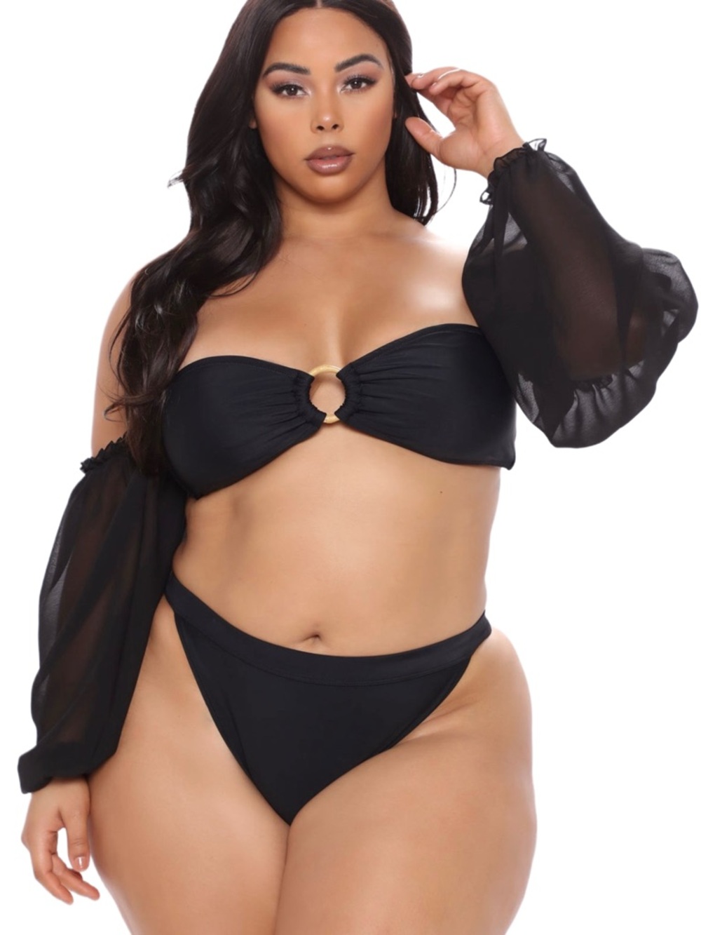Fashion Nova Black Two-Piece Ring Front Bikini with Sheer Puff Sleeves
